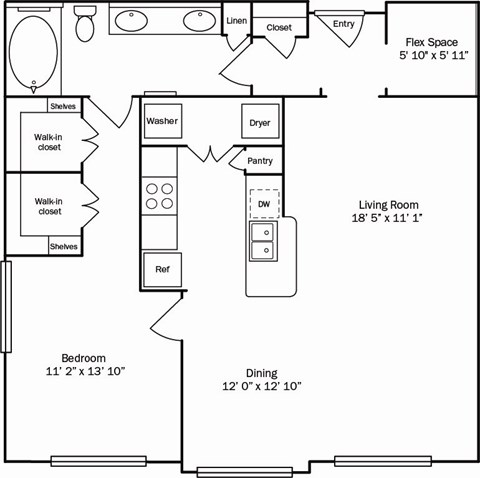 Floor plan for 1 bed, 1 bath, 1056 sqft